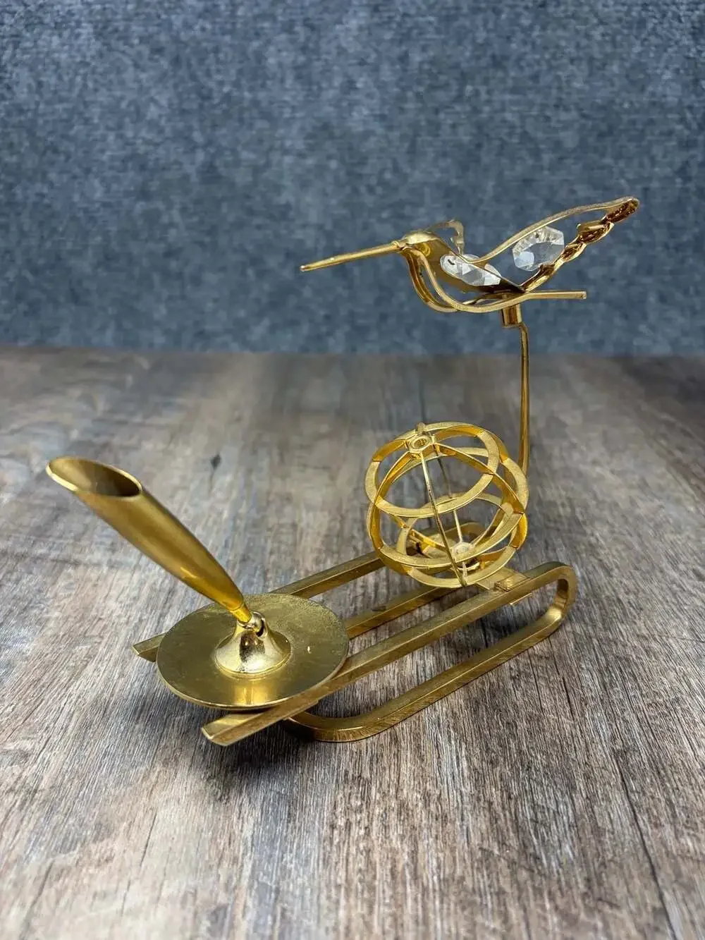 Vintage 5” Gold Colored Metal Pen Stand with Armillary Sphere and Crystal bird